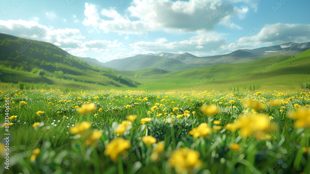 Beautiful Alpine Green Meadow with Yellow Flowers and Hills Beautiful Alpine Green Meadow with Yellow Flowers and Hills