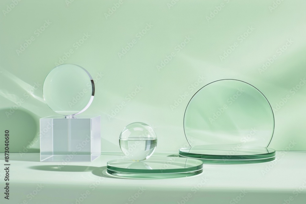 Glass Abstract Shapes on Green Background Glass Abstract Shapes on Green Background