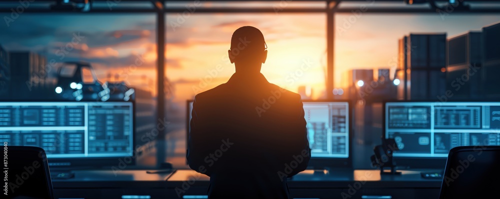 Silhouette of a manager directing logistics operations with automated vehicles, high-tech environment, twilight Silhouette of a manager directing logistics operations with automated vehicles, high-tech environment, twilight