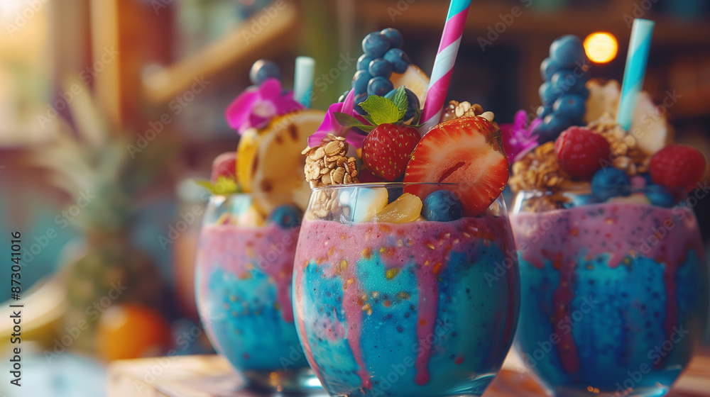 glasses of various smoothies with straws for healthy dieting breakfast. Vibrant smoothie bowls adorned with assorted toppings. Assorted fruits prepared for smoothie, healthy for our organism. glasses of various smoothies with straws for healthy dieting breakfast. Vibrant smoothie bowls adorned with assorted toppings. Assorted fruits prepared for smoothie, healthy for our organism.