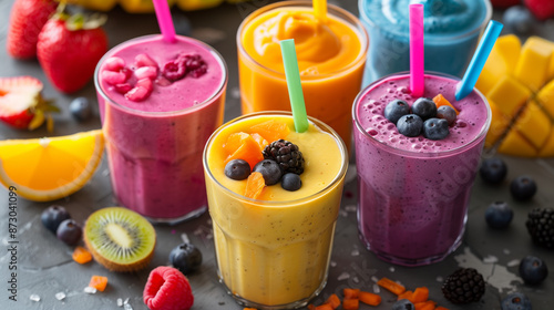glasses of various smoothies with straws for healthy dieting breakfast. Vibrant smoothie bowls adorned with assorted toppings. Assorted fruits prepared for smoothie, healthy for our organism. 