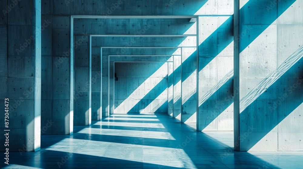 Fototapeta premium Modern concrete architectural structure with angled columns and large windows, capturing natural light and shadows, emphasizing contemporary design