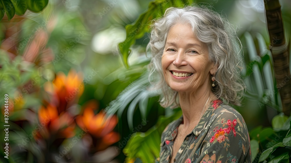A portrait of a mature woman in a botanical garden, her smiling face reflecting her deep enjoyment of the lush green surroundings A portrait of a mature woman in a botanical garden, her smiling face reflecting her deep enjoyment of the lush green surroundings