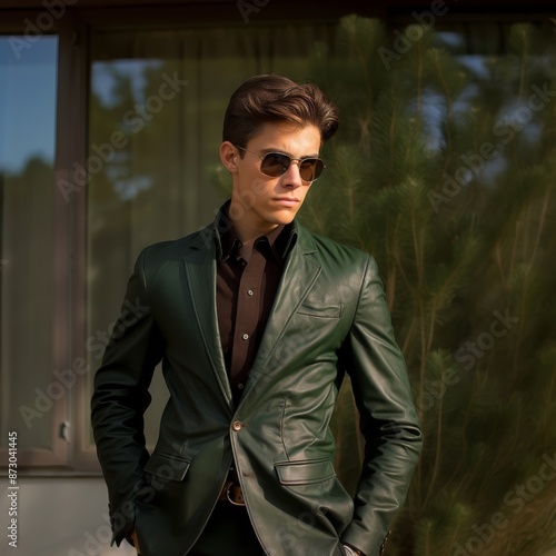 A man in a green leather jacket and sunglasses stands stylishly in front of a window, showcasing his fashionforward eyewear and formal wear