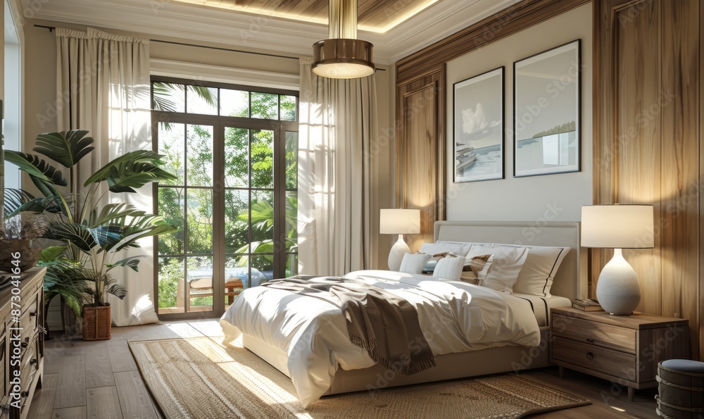 Fresh American style bedroom with coastal scenery outside the window and ceiling Fresh American style bedroom with coastal scenery outside the window and ceiling