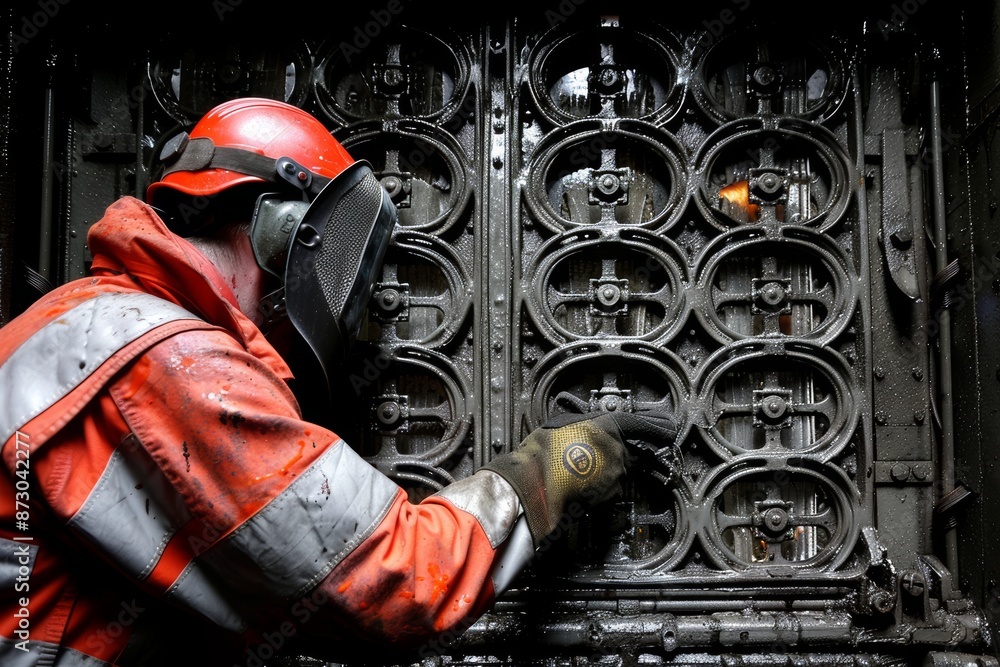 Industrial Worker Inspecting Glowing Furnace Door Industrial Worker Inspecting Glowing Furnace Door