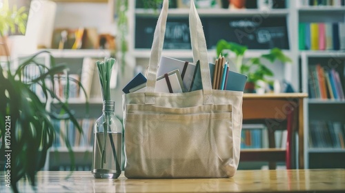 Eco-friendly tote bag filled with books and stationery on a wooden table, in a modern, cozy library setting. photo