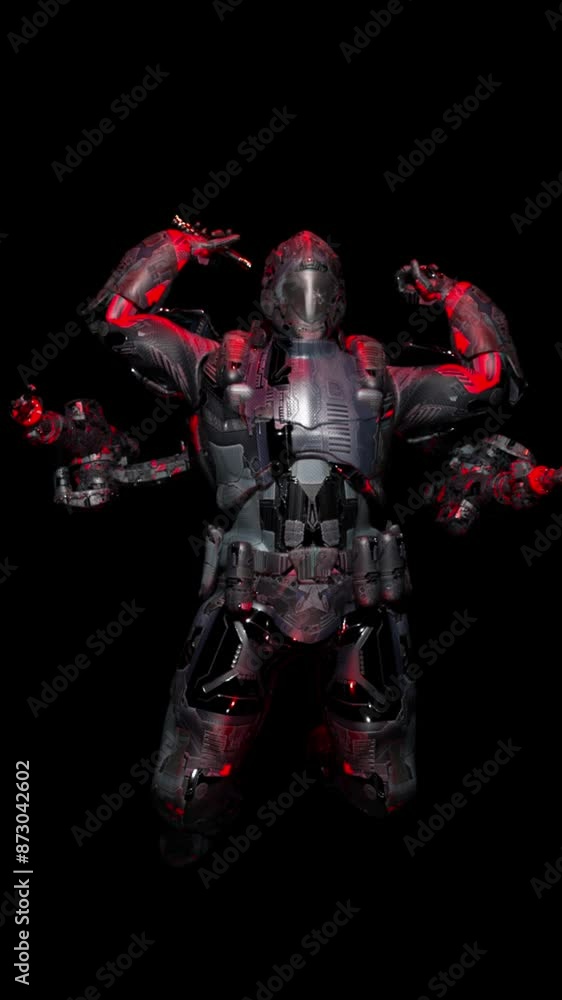 cyborg warrior with AGI (Artificial general intelligence), jumps into a fighting stance, black background, 3d rendering