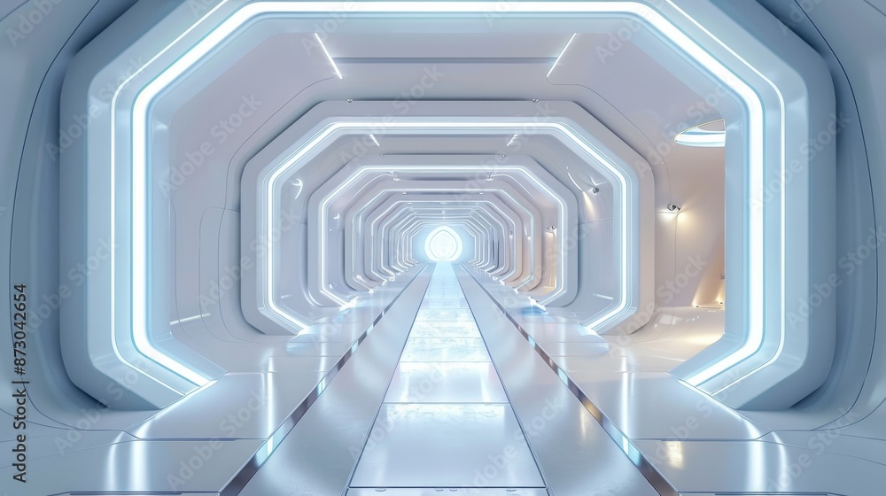 Futuristic white hallway with geometric patterns and bright lighting, creating a clean and modern atmosphere, emphasizing symmetry and minimalism Futuristic white hallway with geometric patterns and bright lighting, creating a clean and modern atmosphere, emphasizing symmetry and minimalism