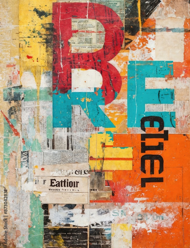 Fototapeta premium A poster written on it in a collage style, with bold text in red and blue, on an abstract background of orange, yellow, turquoise, and white, with vintage magazine cutouts, newspaper clippings.