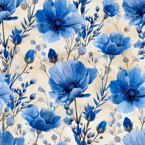 watercolor Desert chicory flowers in shades of blue and white, delicate floral patterns, soft ivory background, fresh and airy, seamless repeating pattern, minimal pattern photo