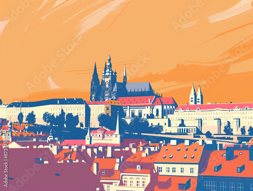 Wallpaper Mural Risograph riso print travel poster, card, wallpaper or banner illustration, modern, isolated, clear and simple of Prague Castle, Prague, Czech Republic. Artistic, screen printing, stencil backdrop bac Torontodigital.ca