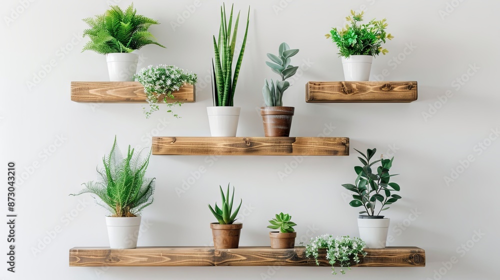 Wooden shelf with indoor plants and flowers on a white wall Wooden shelf with indoor plants and flowers on a white wall