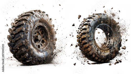 Set of Dynamic Off-Road Tire in Action, Cut-Out, Isolated on Transparent Background