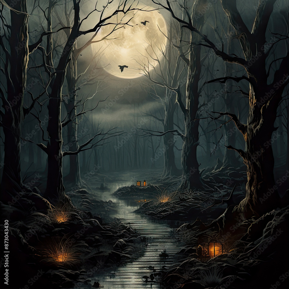 Spooky forest with dead trees full moon on background and wooden board Spooky forest with dead trees full moon on background and wooden board