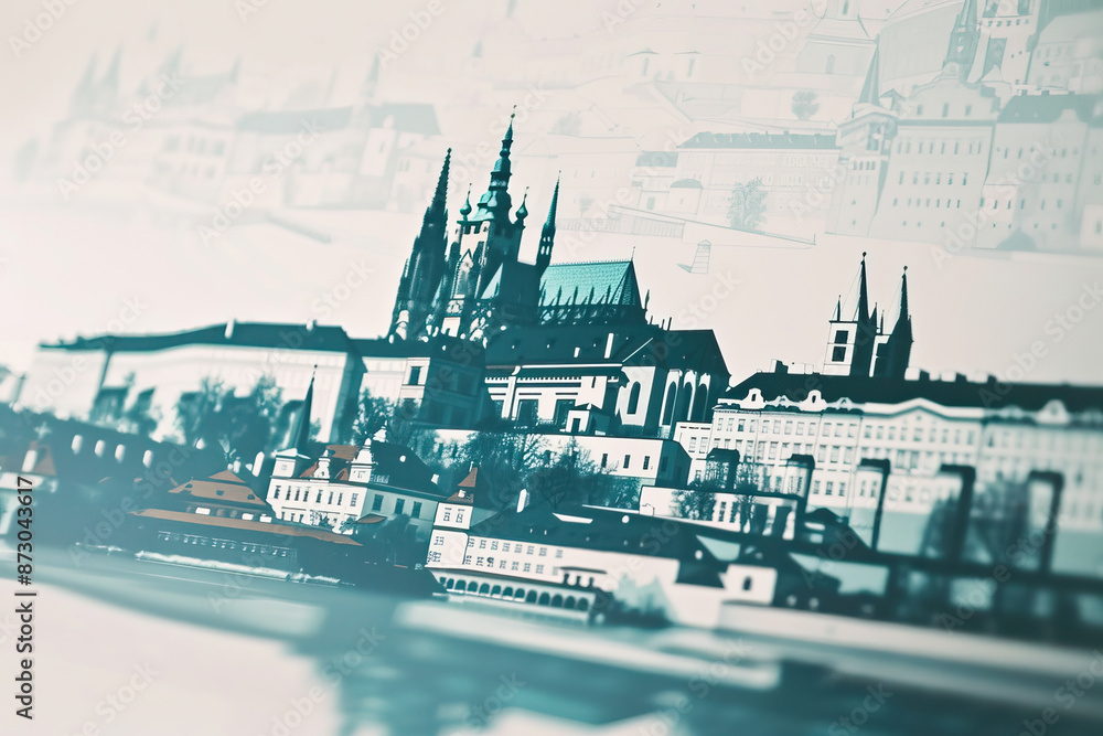 Naklejka premium Risograph riso print travel poster, card, wallpaper or banner illustration, modern, isolated, clear and simple of Prague Castle, Prague, Czech Republic. Artistic, screen printing, stencil backdrop bac