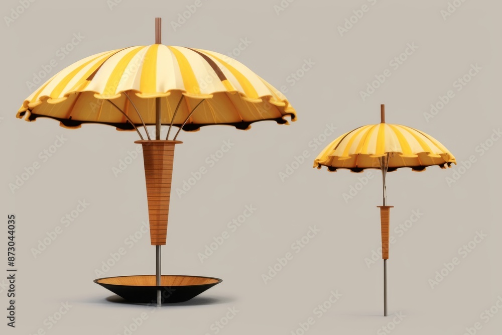 Two Yellow and Brown Striped Umbrellas on a Gray Background Two Yellow and Brown Striped Umbrellas on a Gray Background