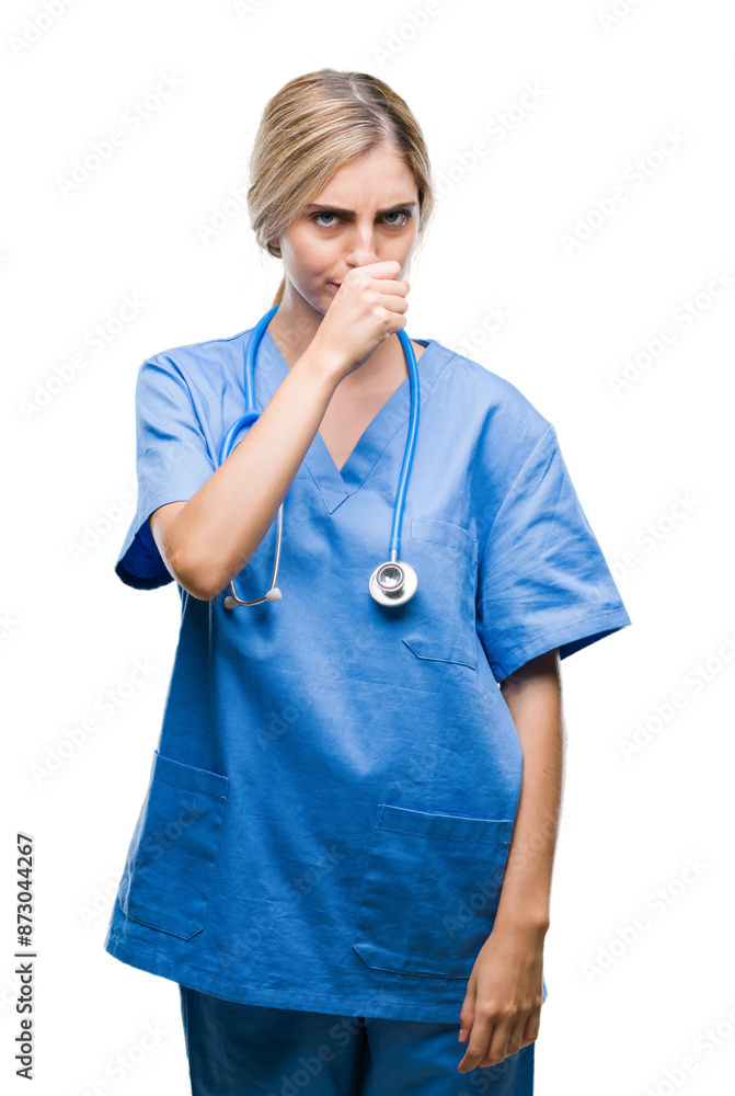 Young beautiful blonde doctor surgeon nurse woman over isolated background feeling unwell and coughing as symptom for cold or bronchitis. Healthcare concept. Young beautiful blonde doctor surgeon nurse woman over isolated background feeling unwell and coughing as symptom for cold or bronchitis. Healthcare concept.