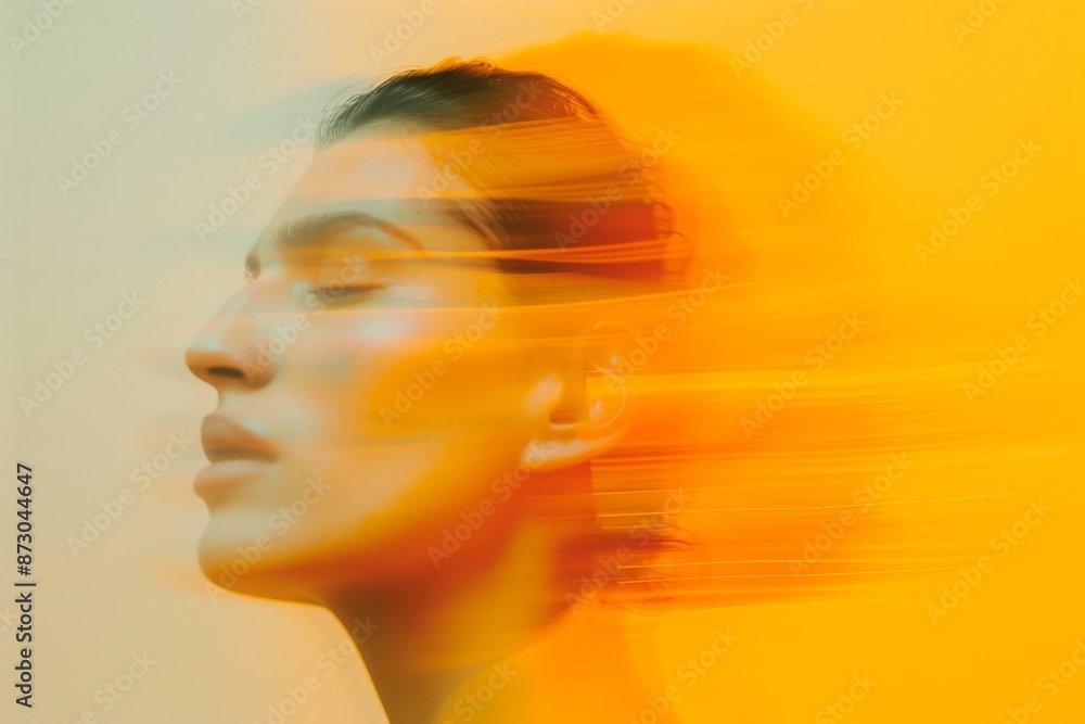 a blurry blurred human head wearing in motion blur holding a  minimal, Mysterious, Intriguing Light, Dreamy, Surreal, Soft Shadows, Blur