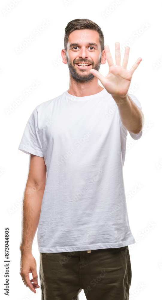 Young handsome man over isolated background showing and pointing up with fingers number five while smiling confident and happy. Young handsome man over isolated background showing and pointing up with fingers number five while smiling confident and happy.