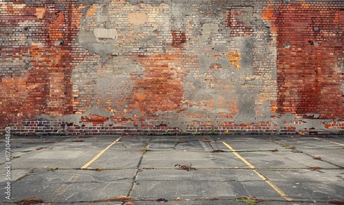 Industrial background, empty grunge urban street with brick wall photo