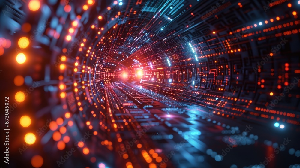 A glowing orange and blue digital tunnel. A glowing orange and blue digital tunnel.