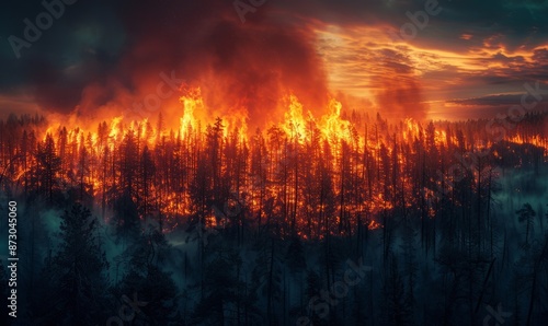 Intense Wildfire Engulfing a Forest at Dusk image