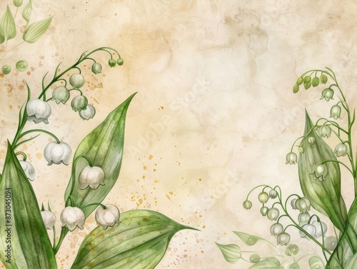 watercolor paints background with lily of the valley flowers