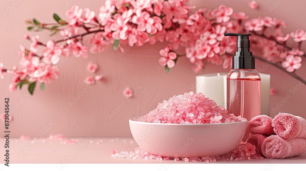 Body care spa concept, flowers and bottles with lotion, oil on pink background Body care spa concept, flowers and bottles with lotion, oil on pink background