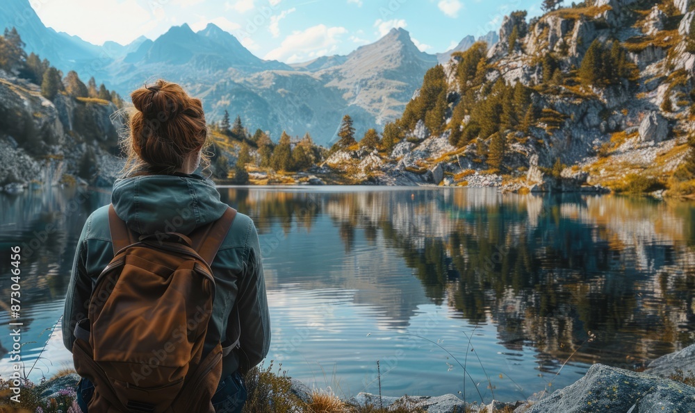 Serene Back View of Woman Admiring Mountain Lake. Serene Back View of Woman Admiring Mountain Lake.