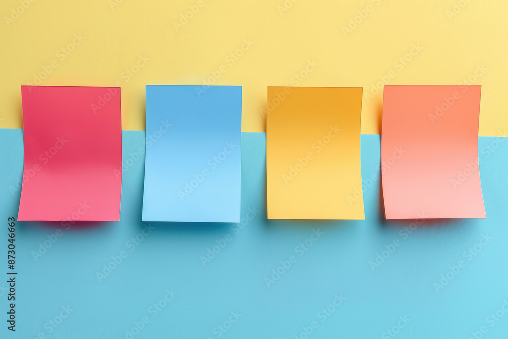 Fototapeta premium Four blank sticky notes on blue and yellow background.