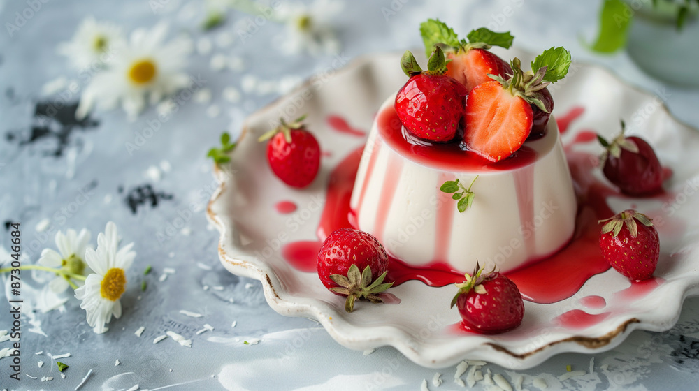 Panna cotta with strawberries in a decorative plate Panna cotta with strawberries in a decorative plate