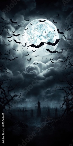 Spooky moon in cloudy sky with bats Halloween night