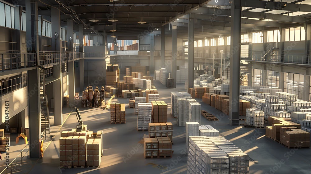 Modern Industrial Warehouse Interior with Sunlight Modern Industrial Warehouse Interior with Sunlight