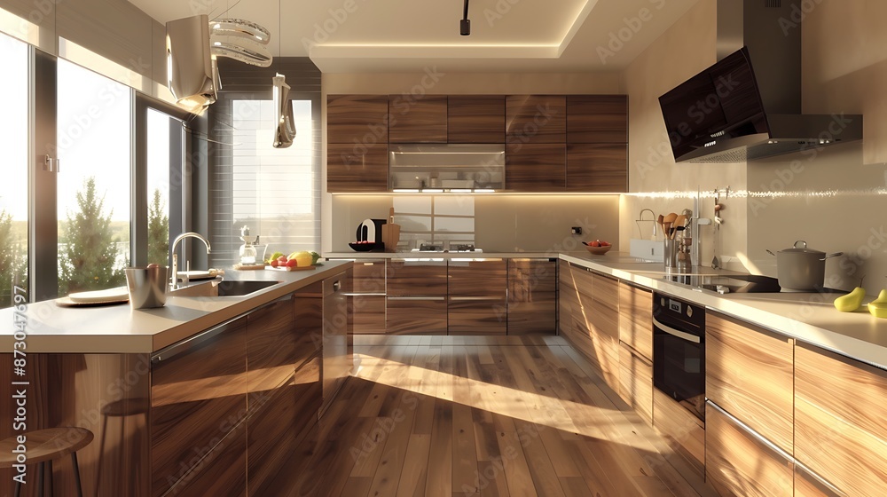 Modern Kitchen Design with Walnut Cabinets, Sleek Black Pendant Lights, and Marble Flooring Modern Kitchen Design with Walnut Cabinets, Sleek Black Pendant Lights, and Marble Flooring