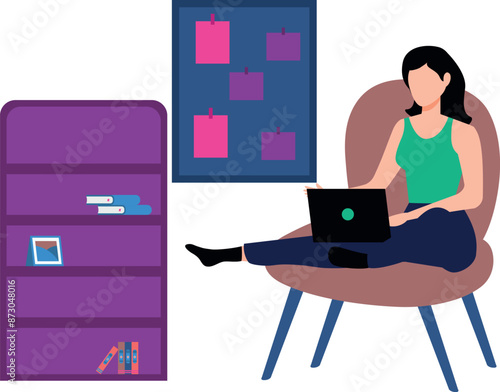 A girl sitting on a chair is working from home.