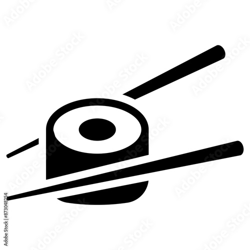 Illustration showing a black icon of sushi and rolls with chopsticks on a white background