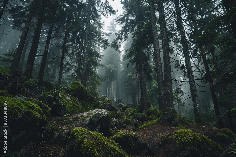 Misty Dark Pine Forest with Mossy Rocks on the Ground, Captured with Sony Alpha A7 III, Evoking a Mysterious and Enchanting Atmosphere Misty Dark Pine Forest with Mossy Rocks on the Ground, Captured with Sony Alpha A7 III, Evoking a Mysterious and Enchanting Atmosphere