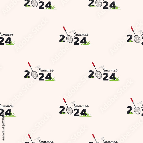 Vector seamless pattern with badminton racket and shuttlecock. Summer 2024. Endless background for banners and posters of sports competitions and championships