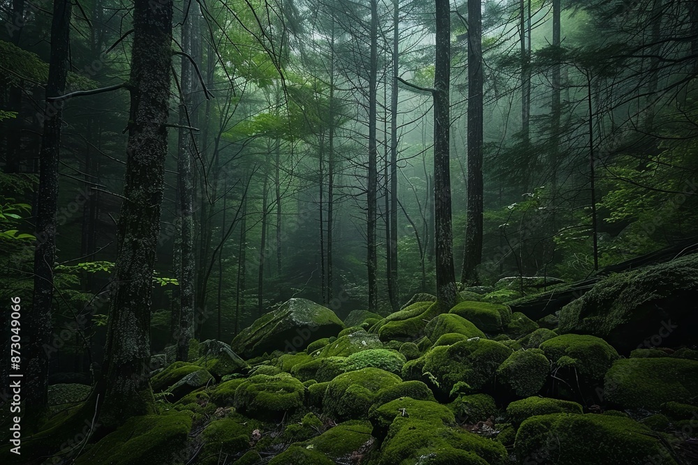 Fototapeta premium Misty Dark Pine Forest with Mossy Rocks on the Ground, Captured with Sony Alpha A7 III, Evoking a Mysterious and Enchanting Atmosphere