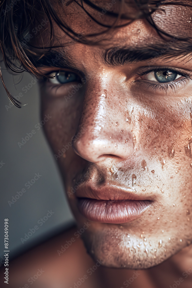A man with a beard and blue eyes is sweating and has a red nose. He looks tired and exhausted A man with a beard and blue eyes is sweating and has a red nose. He looks tired and exhausted