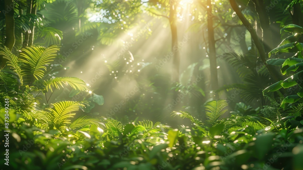 Sunlight peeking through dense lush jungle foliage, creating a serene and magical forest scene with vibrant greenery. Sunlight peeking through dense lush jungle foliage, creating a serene and magical forest scene with vibrant greenery.