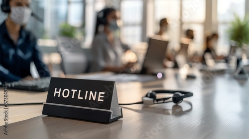 Focused call center employees working diligently in a modern office, manning the hotline and providing excellent customer service.
