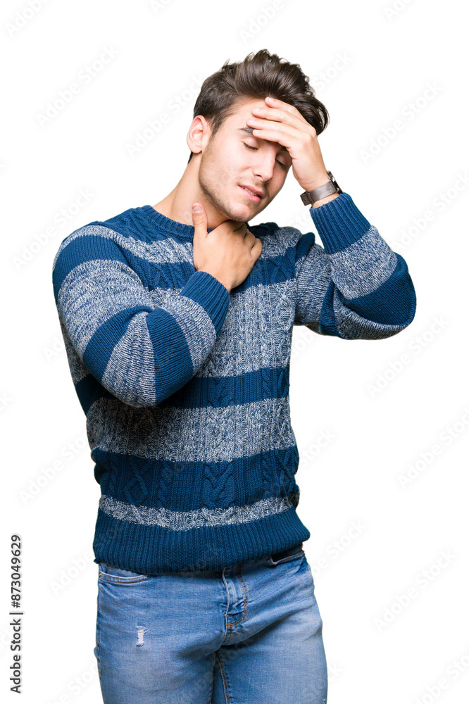 Young handsome man over isolated background Touching forehead for illness and fever, flu and cold, virus sick Young handsome man over isolated background Touching forehead for illness and fever, flu and cold, virus sick