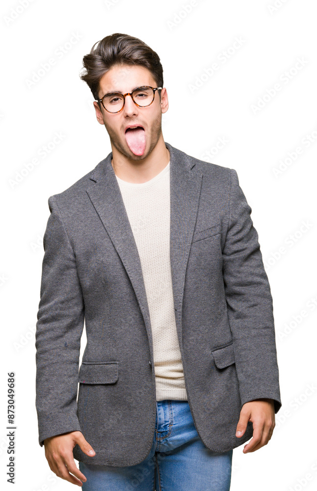 Young business man wearing glasses over isolated background sticking tongue out happy with funny expression. Emotion concept. Young business man wearing glasses over isolated background sticking tongue out happy with funny expression. Emotion concept.
