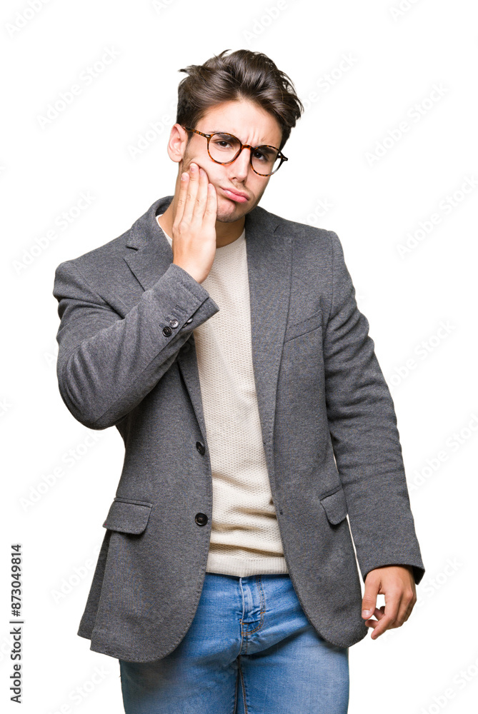 Young business man wearing glasses over isolated background touching mouth with hand with painful expression because of toothache or dental illness on teeth. Dentist concept. Young business man wearing glasses over isolated background touching mouth with hand with painful expression because of toothache or dental illness on teeth. Dentist concept.