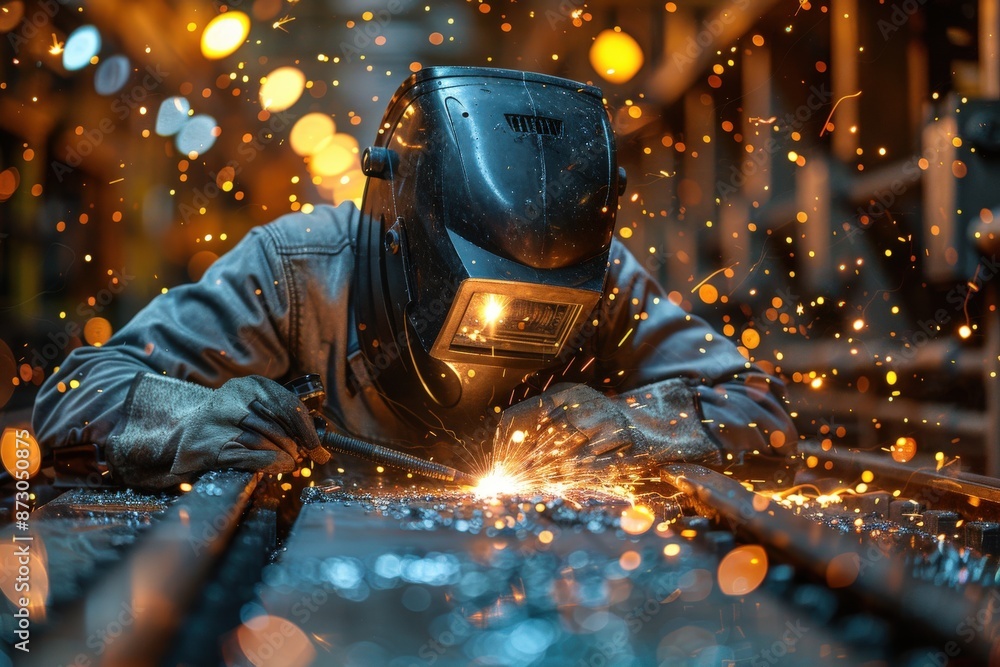 Welder deep in concentration, engaged in welding work. Sparks fly around as they work on a piece of metal in an industrial setting, showcasing skill and dedication. Welder deep in concentration, engaged in welding work. Sparks fly around as they work on a piece of metal in an industrial setting, showcasing skill and dedication.