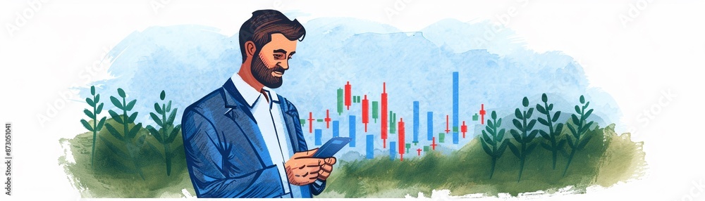 Businessman staring at plummeting stock charts on his computer, dark office, watercolor, realistic Businessman staring at plummeting stock charts on his computer, dark office, watercolor, realistic