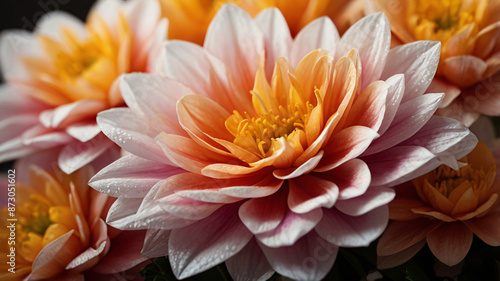 Romantic flowers bouquet composition in vibrant colors flowers. Flat lay front view, copy space