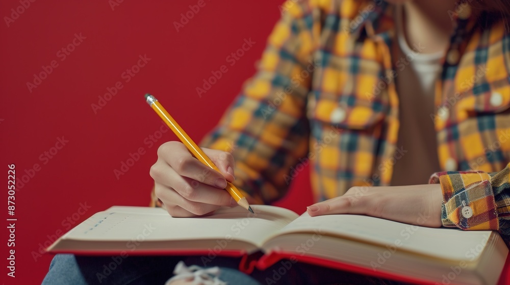 Focused High School Student Studying with Textbook and Notebook on Red Background with Copy Space Focused High School Student Studying with Textbook and Notebook on Red Background with Copy Space